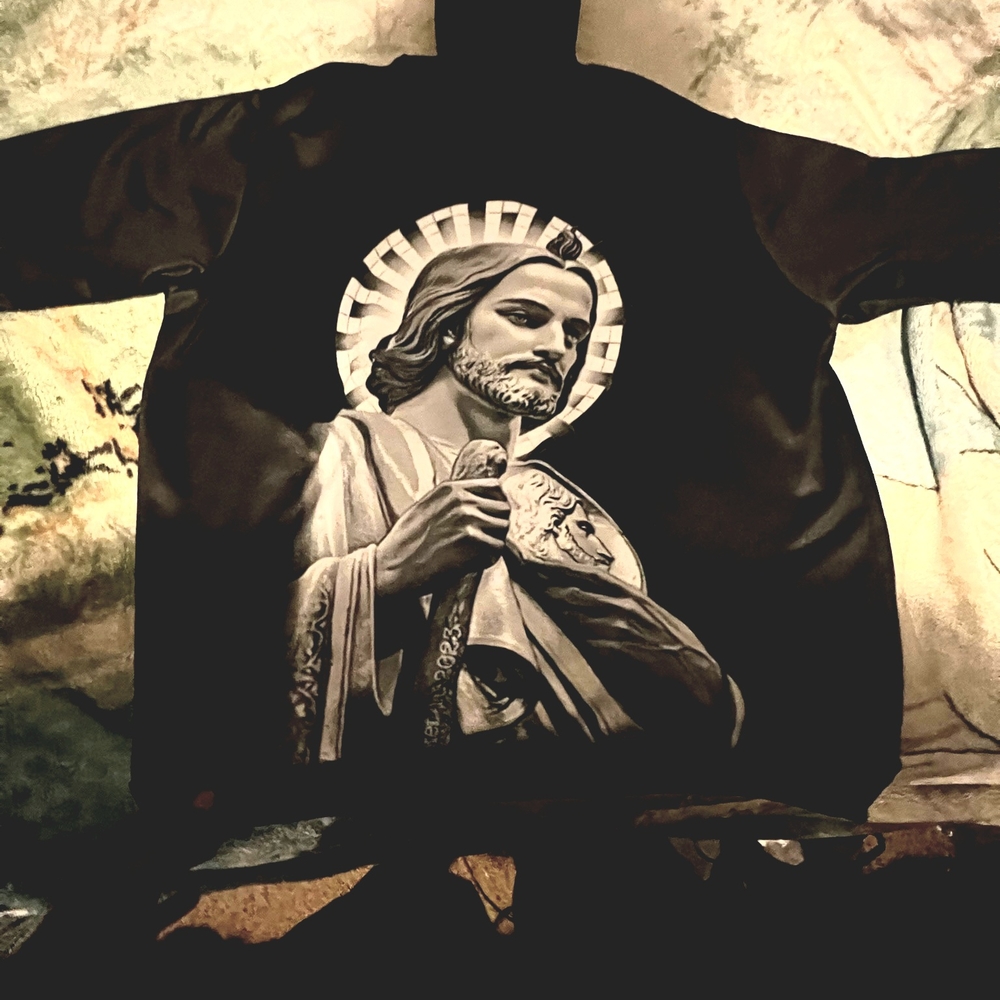 Black Graphic Sweatshirt with Religious Art